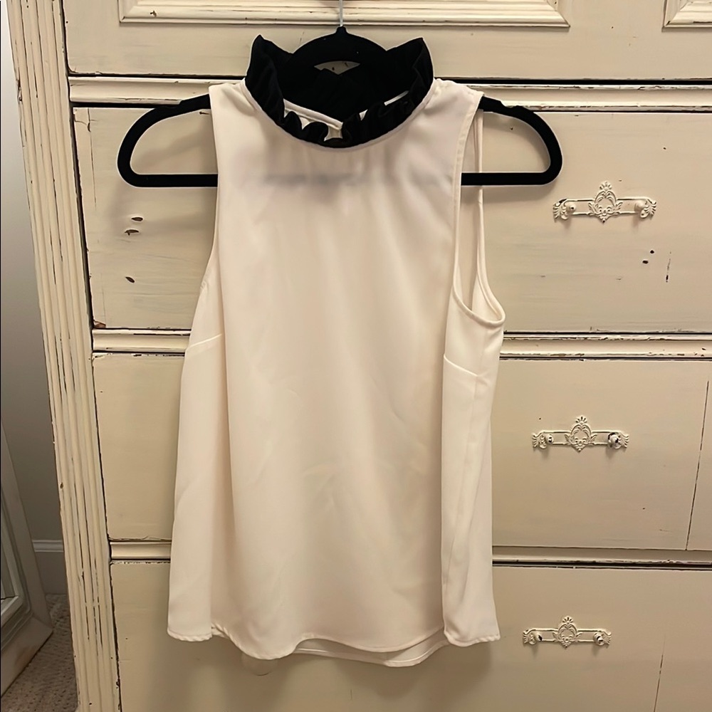 J. Crew Black and Cream Sleeveless Blouse with Mandarin Collar